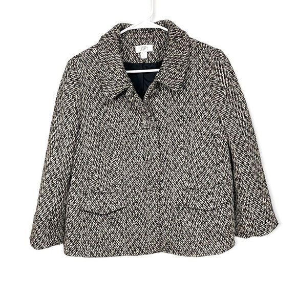 Loft Herringbone Wool Blend Button Front Career Blazer Jacket, Black, White, 12 - Picture 1 of 7